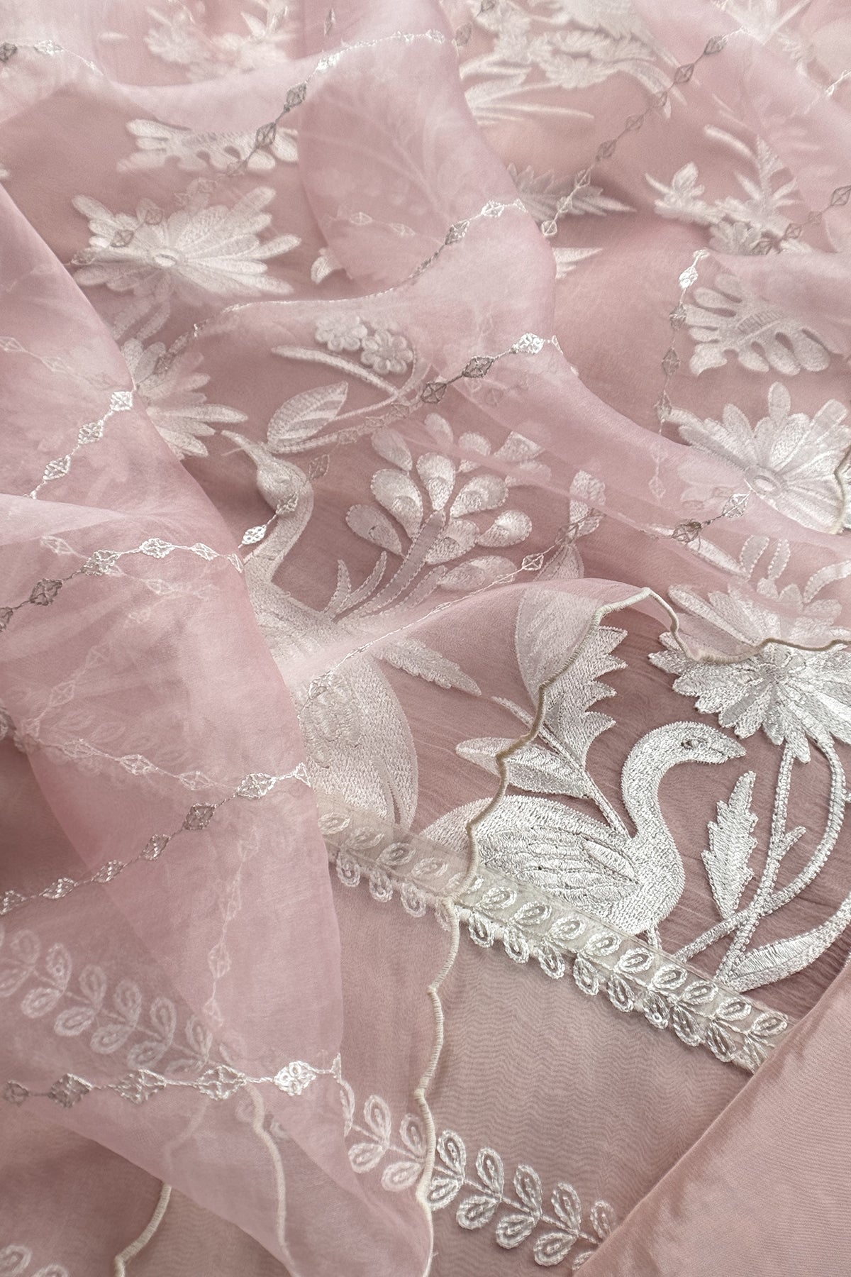 Garden of Love Soft Blush Pure Organza Unstitched Suit with Crochet Laces and Resham Embroidery