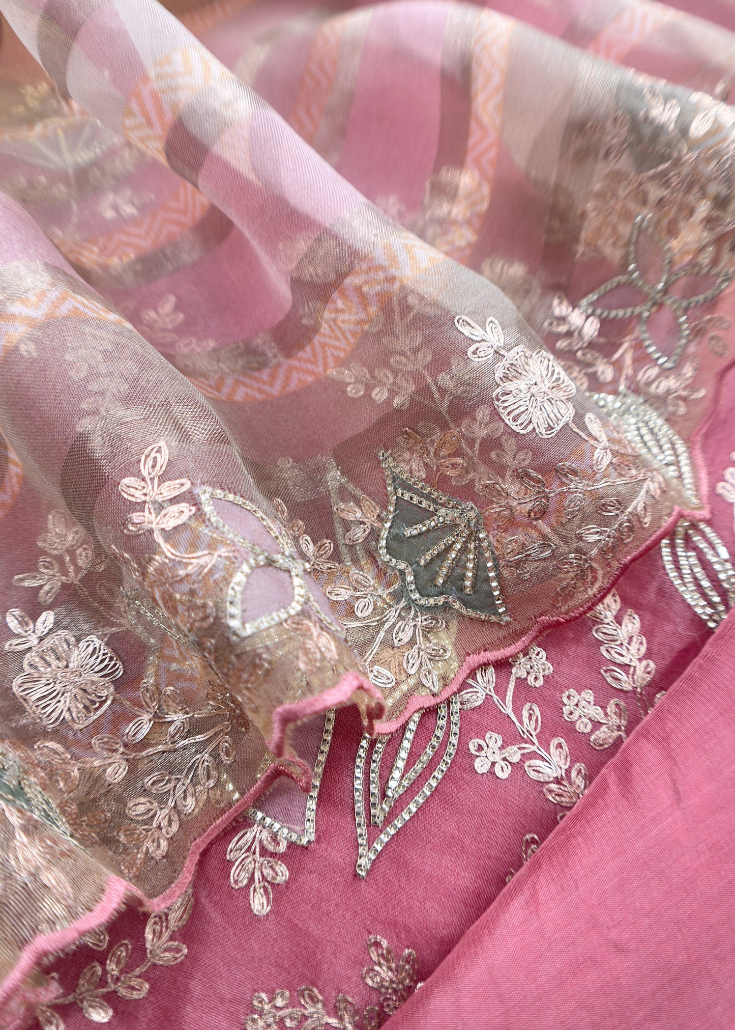 Pink Kalasheel Luxe Organza Suit With Pitta Hand Work