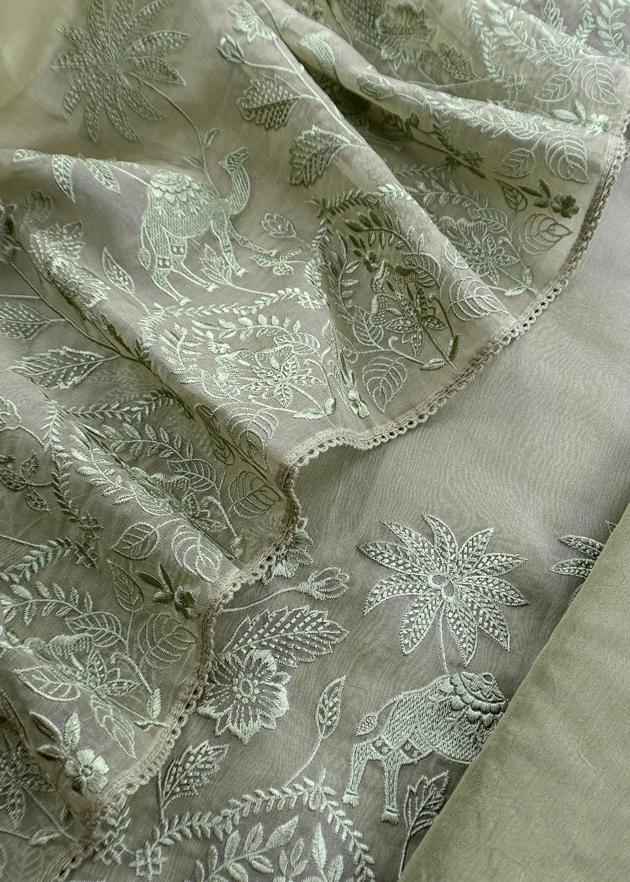 Green Handloom Kora Silk Suit With Parsi Embroidery