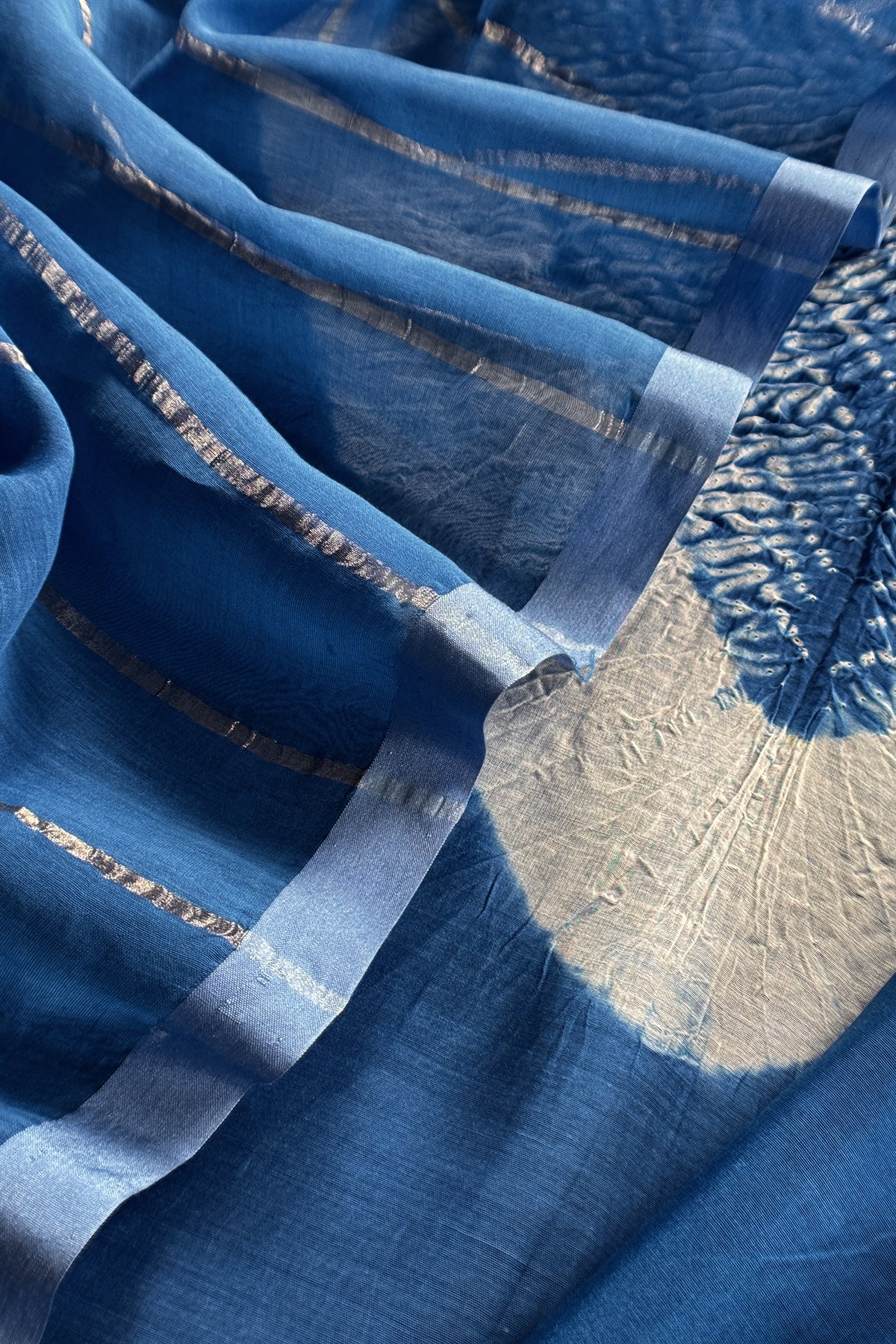 Blue Handloom Mul Unstitched Suit Fabric With Shibori Hand Tie and Dye