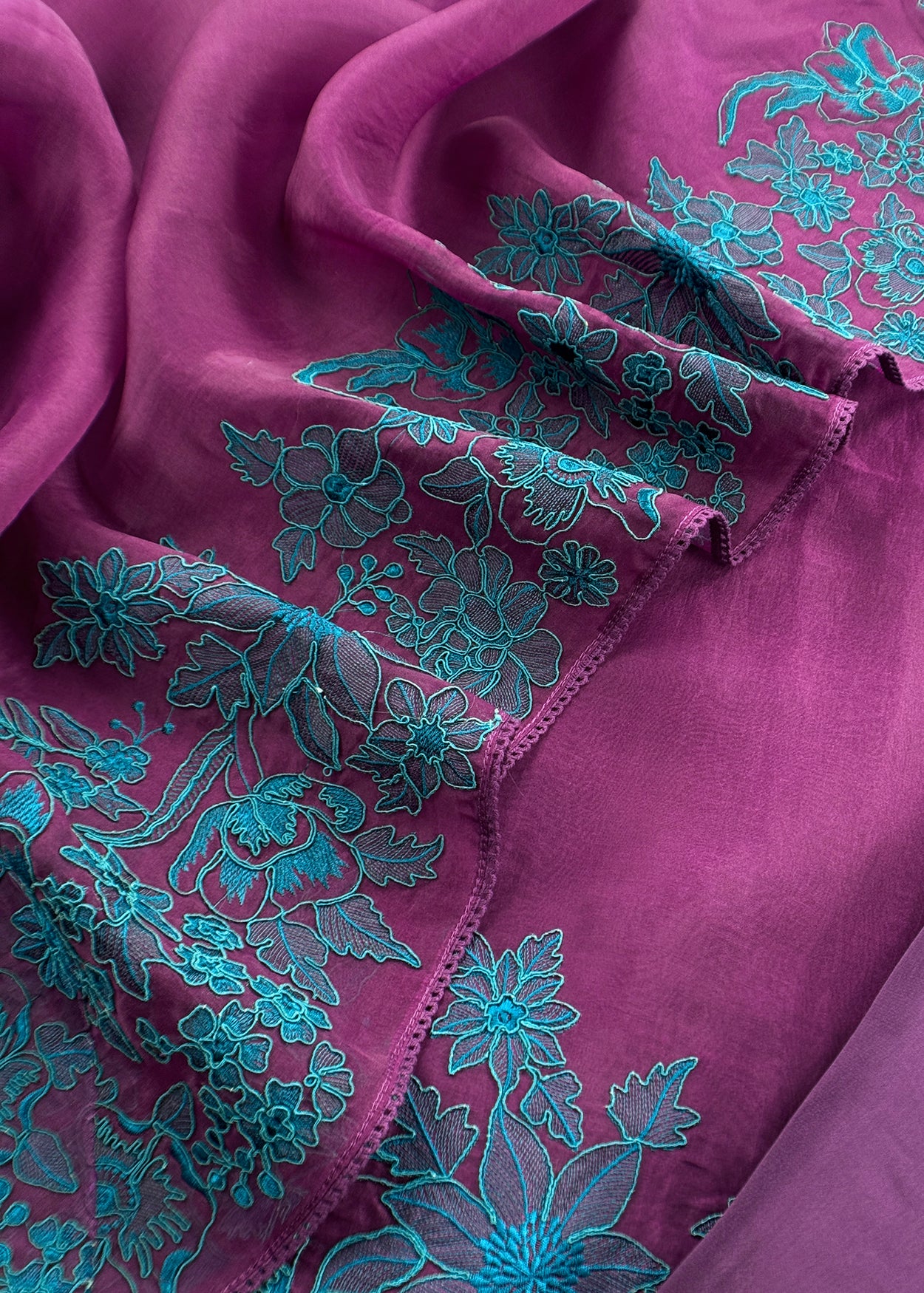 Luxe Purple And Pine Blue Kora Silk Suit With French Thread Embroidery