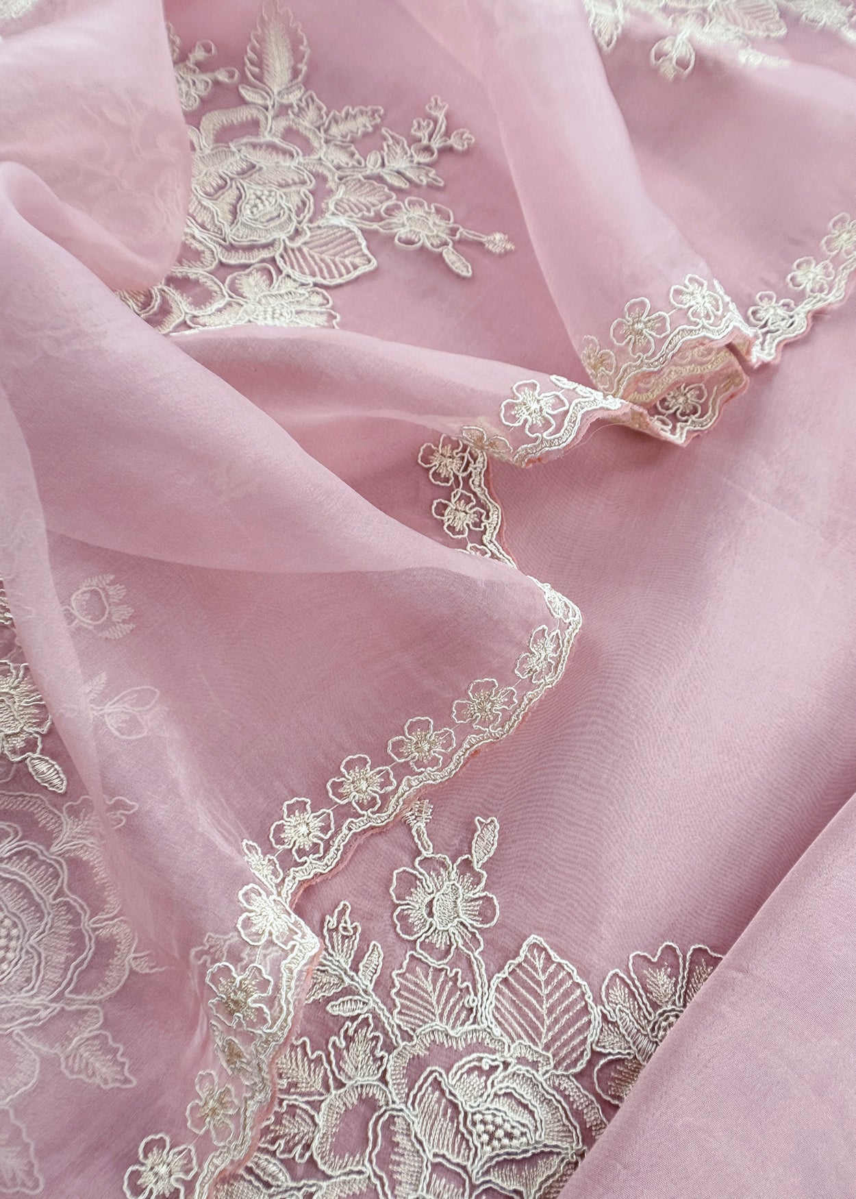 Lavender Handloom Kora Silk Unstitched Suit Fabric With French Thread Embroidery