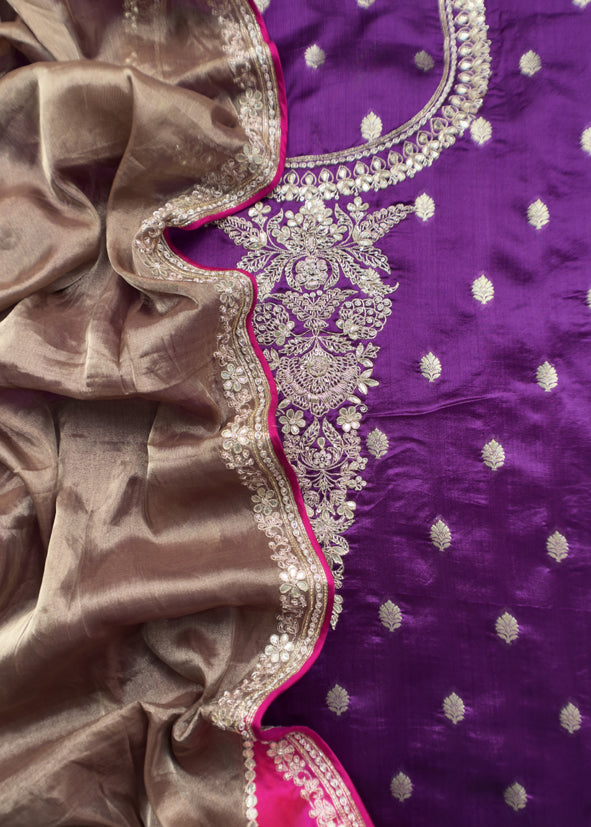 Luxe Violet Golden Handloom Silk Suit Fabric With Dabka, Dori And Gotapatti Hand Work