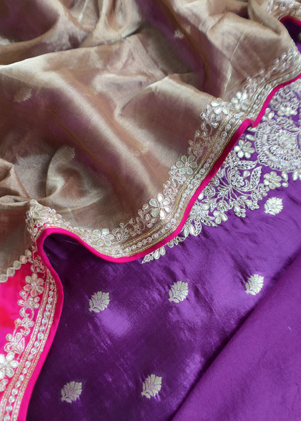 Luxe Violet Golden Handloom Silk Suit Fabric With Dabka, Dori And Gotapatti Hand Work