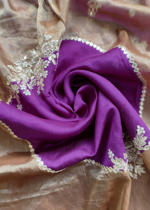 Luxe Violet Golden Handloom Silk Suit Fabric With Dabka, Dori And Gotapatti Hand Work