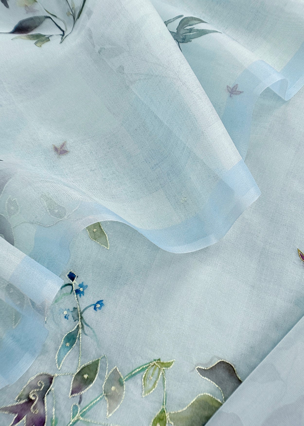 Powder Blue Brush Print Pure Kora Silk Unstitched Suit Fabric With Appliqué Work And Pitta Embroidery