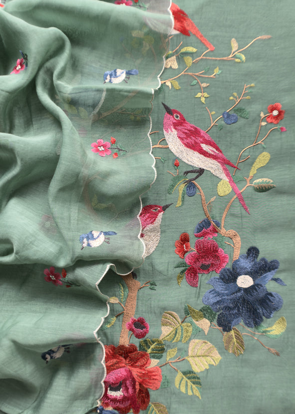 Pine Green Pure Mul Cotton Chidiya Embroidered Suit With Dupatta