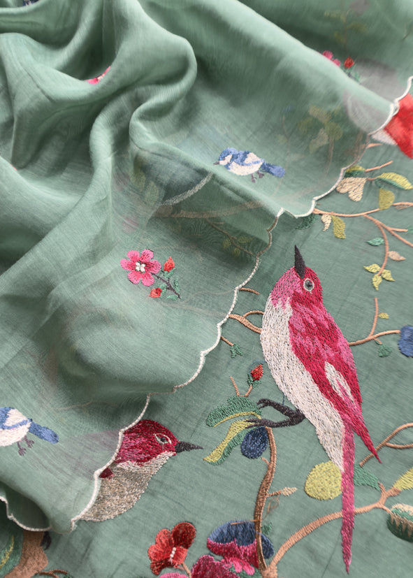 Pine Green Pure Mul Cotton Chidiya Embroidered Suit With Dupatta