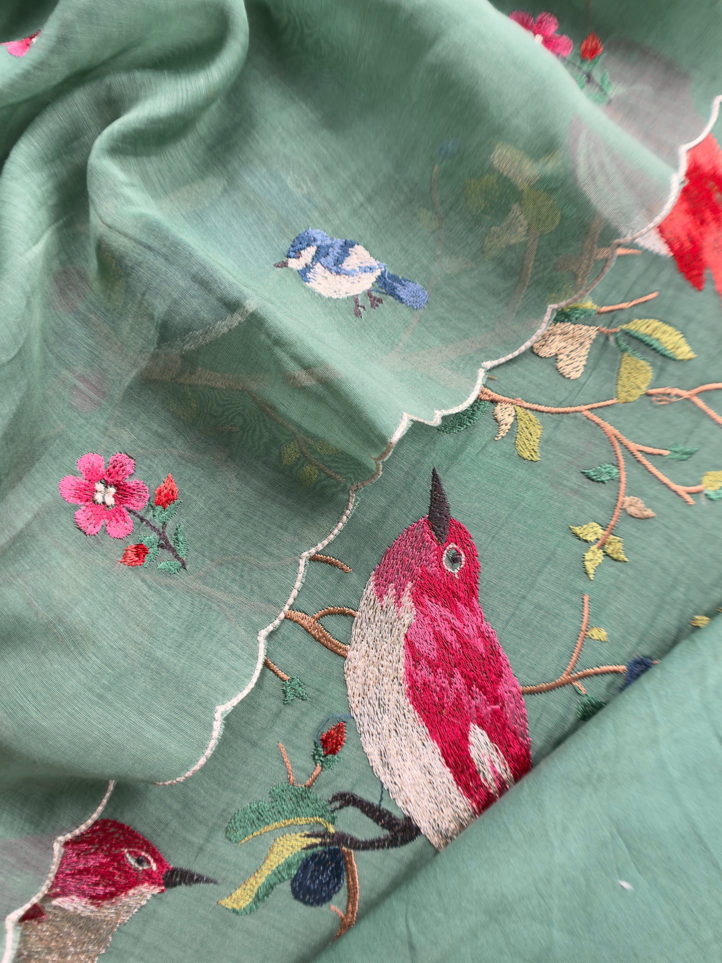 Pine Green Pure Mul Cotton Chidiya Embroidered Suit With Dupatta