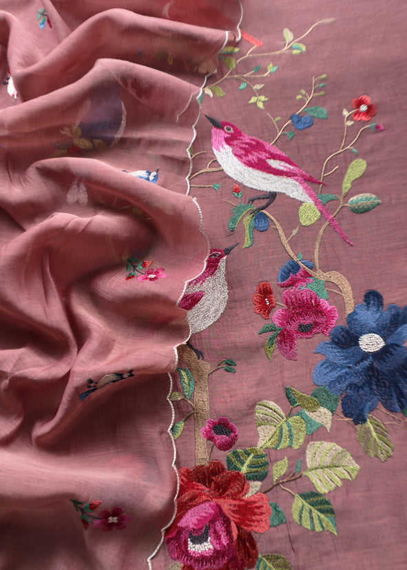 Drak Mauve Pure Mul Cotton Chidiya Embroidered Suit With Dupatta