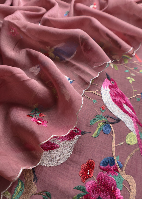 Drak Mauve Pure Mul Cotton Chidiya Embroidered Suit With Dupatta