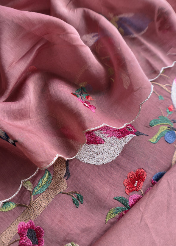 Drak Mauve Pure Mul Cotton Chidiya Embroidered Suit With Dupatta