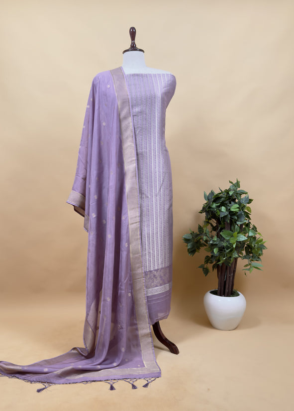 Lavender Brocade Silk Suit Fabric with Gold Weaving