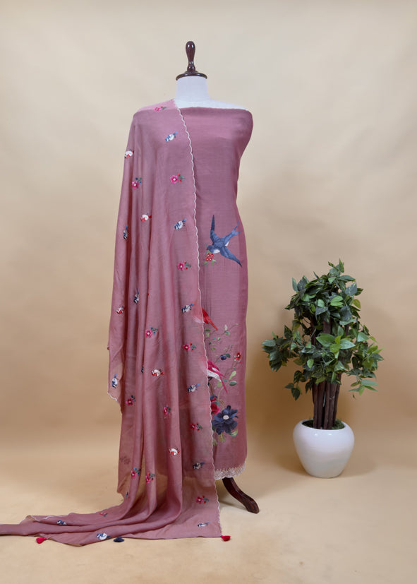 Drak Mauve Pure Mul Cotton Chidiya Embroidered Suit With Dupatta