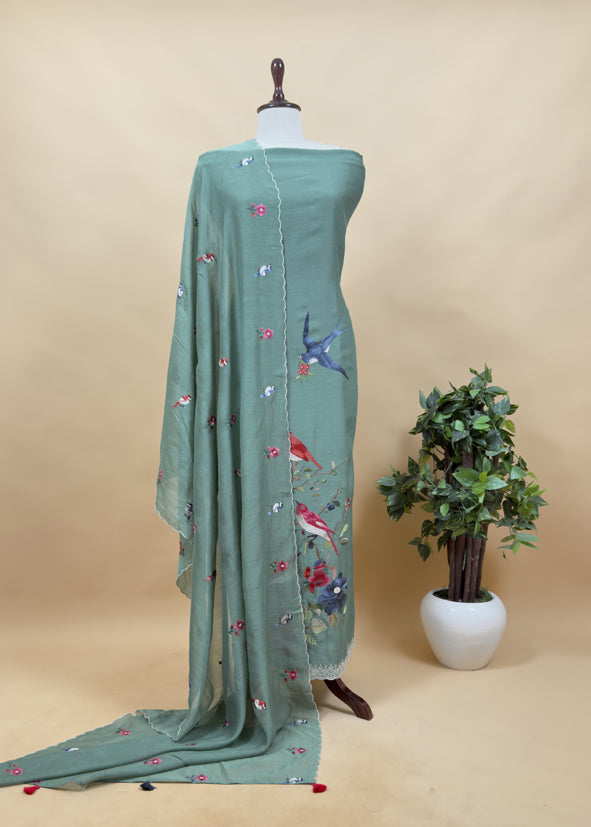 Drak Mauve Pure Mul Cotton Chidiya Embroidered Suit With Dupatta