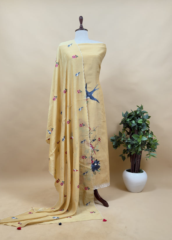 Drak Mauve Pure Mul Cotton Chidiya Embroidered Suit With Dupatta