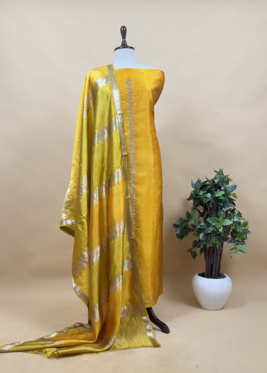 Kalasheel Luxe Handwoven Yellow And Saffron Banarasi Silk Suit With Zari Weaving