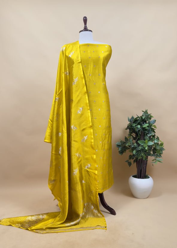 Golden Yellow Chidiya Handloom Katan Silk Suit Fabric