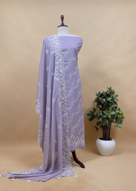 Lavender Paisley Pure Mulmul Suit With Resham Embroidery