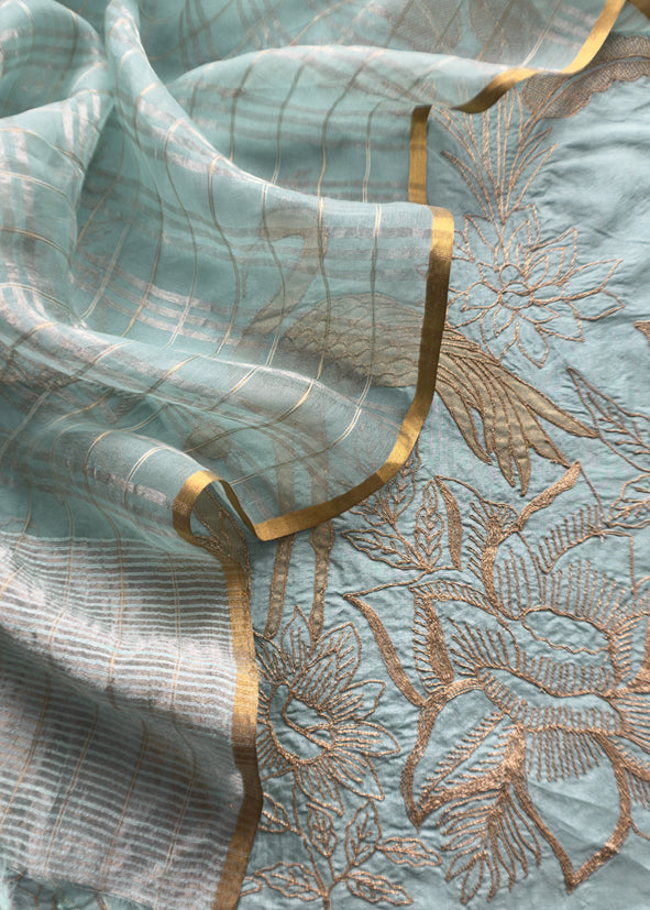 Sahiba 2025 Baby Blue Handloom Desi Tussar Kurta And Woven Tissue Silk Dupatta With Pitta And Appliqué Work