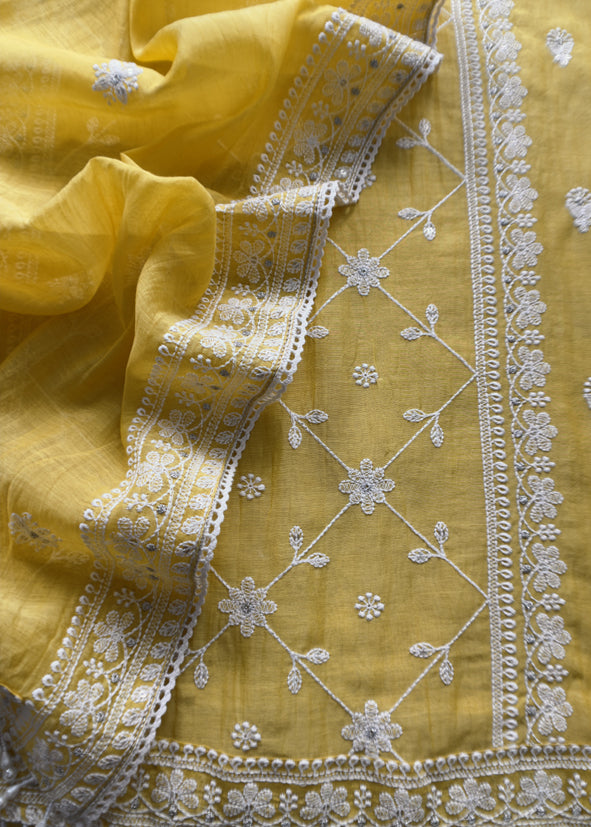 Mango Yellow Festive Mulmul Suit Fabric With Resham Embroidery And Pearls