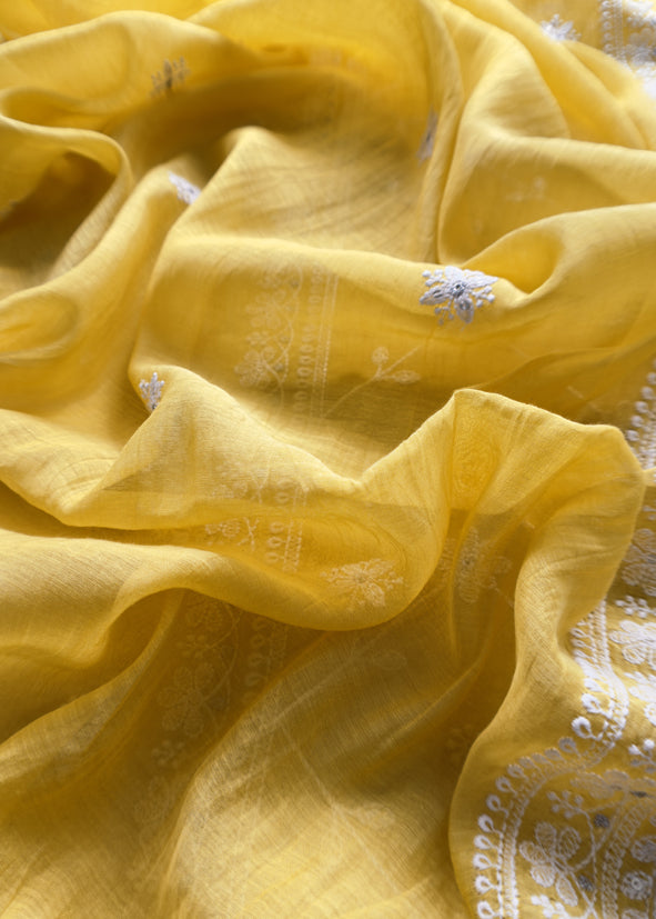 Mango Yellow Festive Mulmul Suit Fabric With Resham Embroidery And Pearls