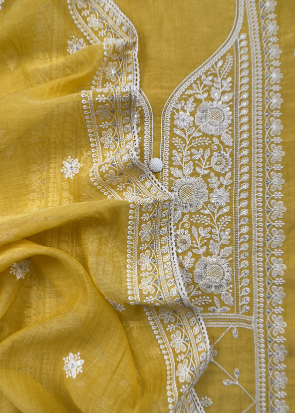 Mango Yellow Festive Mulmul Suit Fabric With Resham Embroidery And Pearls