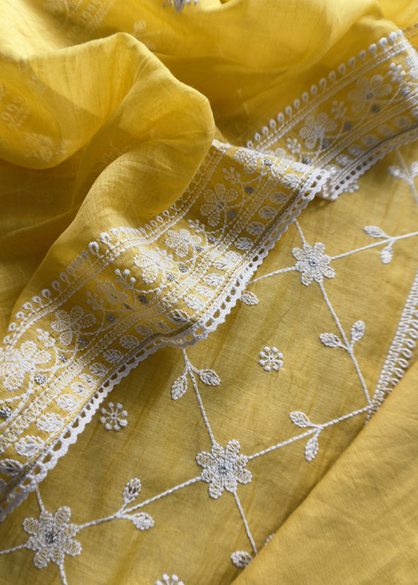 Mango Yellow Festive Mulmul Suit Fabric With Resham Embroidery And Pearls