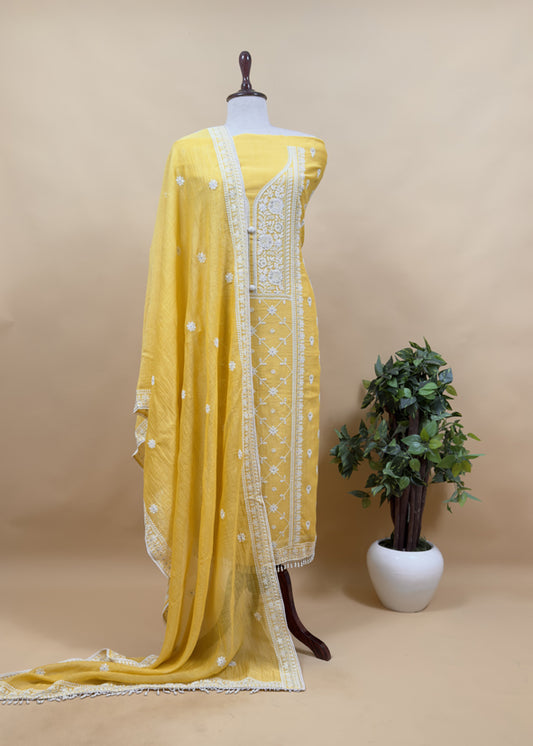 Mango Yellow Festive Mulmul Suit Fabric With Resham Embroidery And Pearls