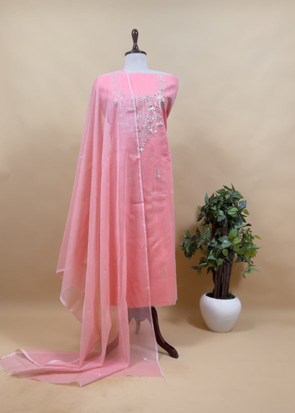 Sky Blue Kota Doria Dupatta Suit With Pitta Work