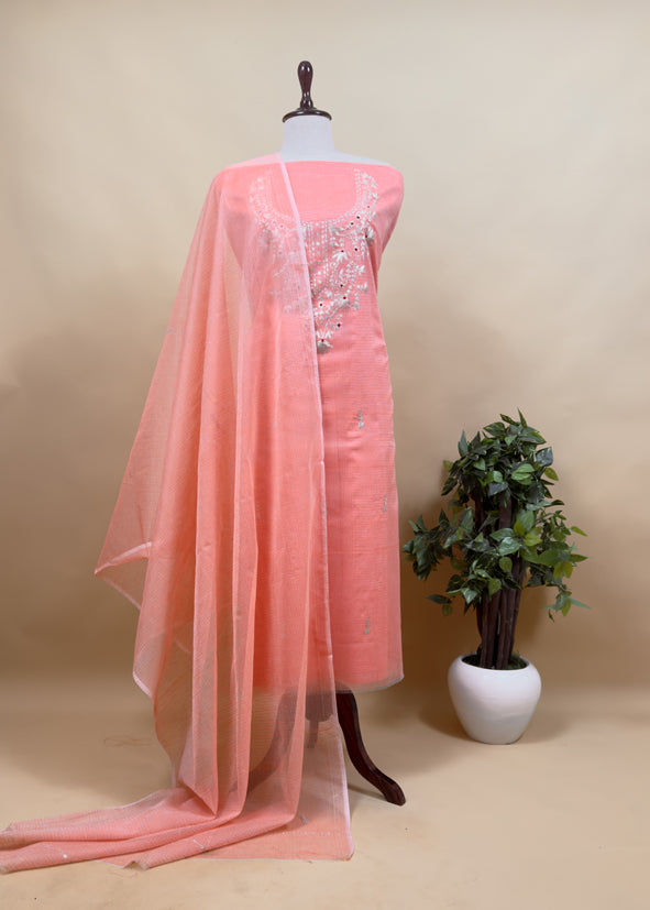 Sky Blue Kota Doria Dupatta Suit With Pitta Work