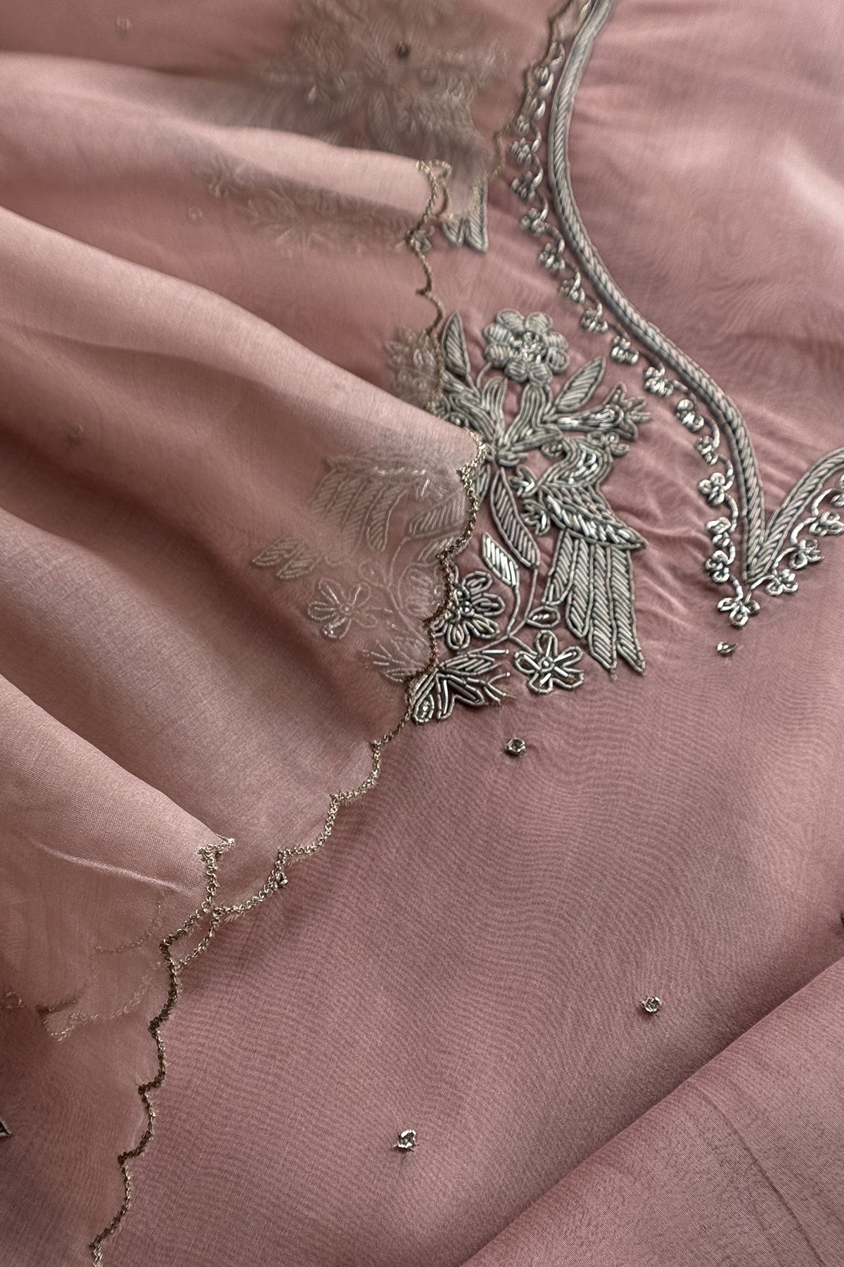Mauve Pink Pure Kora Silk Suit With Hand Embroidery