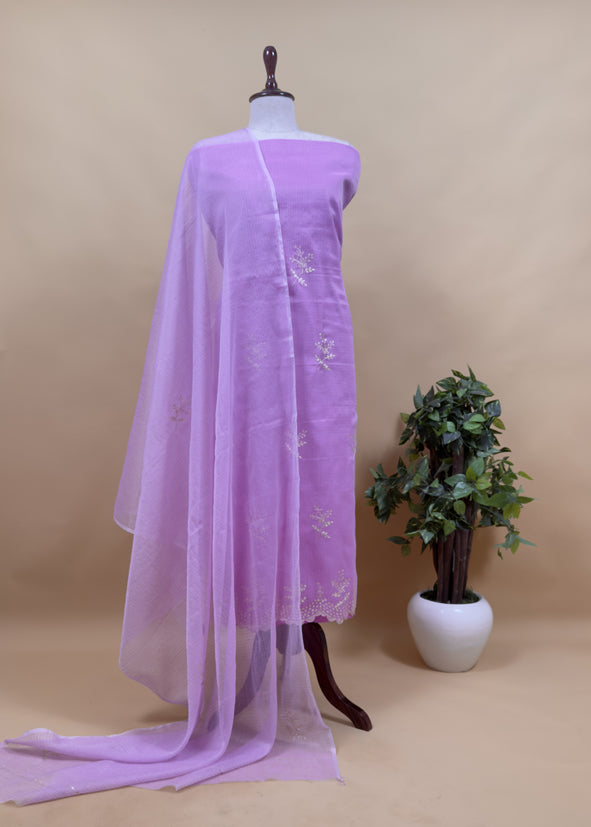 Lavender Kota Doria Dupatta Suit With Pitta Work