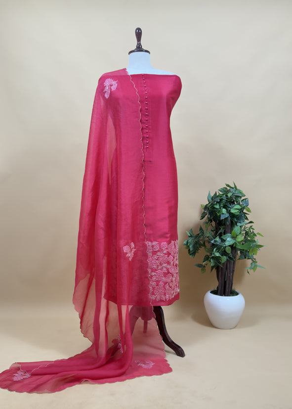 Red Handwoven Silk kurta And Kora Silk Dupatta With Pitta And Applique Work