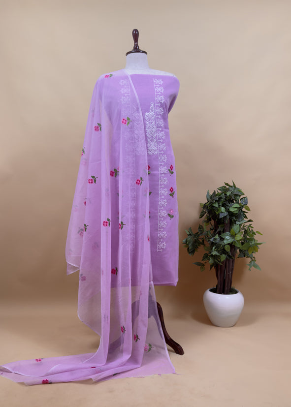 Peach Pure Kota Suit Fabric with Cross Stitch Embroidery