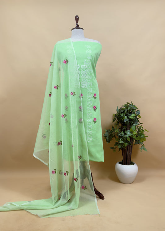Pastel Green Pure Kota Suit Fabric with Cross Stitch Embroidery