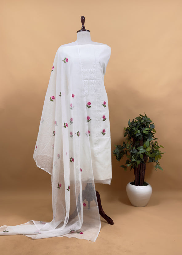 Peach Pure Kota Suit Fabric with Cross Stitch Embroidery
