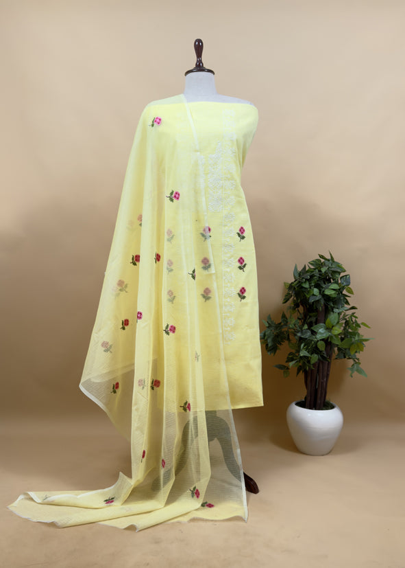Peach Pure Kota Suit Fabric with Cross Stitch Embroidery