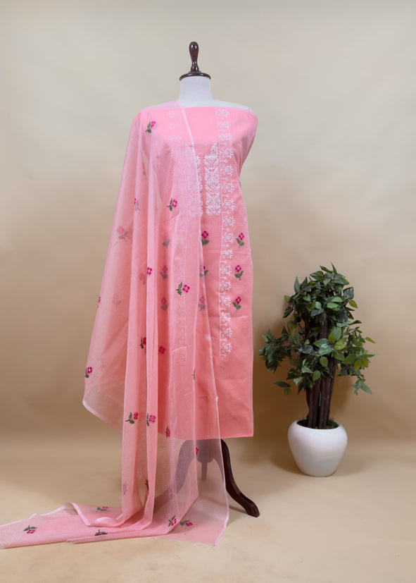 Peach Pure Kota Suit Fabric with Cross Stitch Embroidery