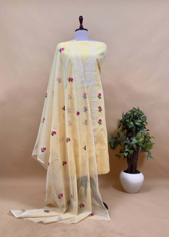 Peach Pure Kota Suit Fabric with Cross Stitch Embroidery