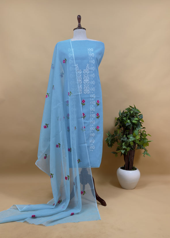 Peach Pure Kota Suit Fabric with Cross Stitch Embroidery