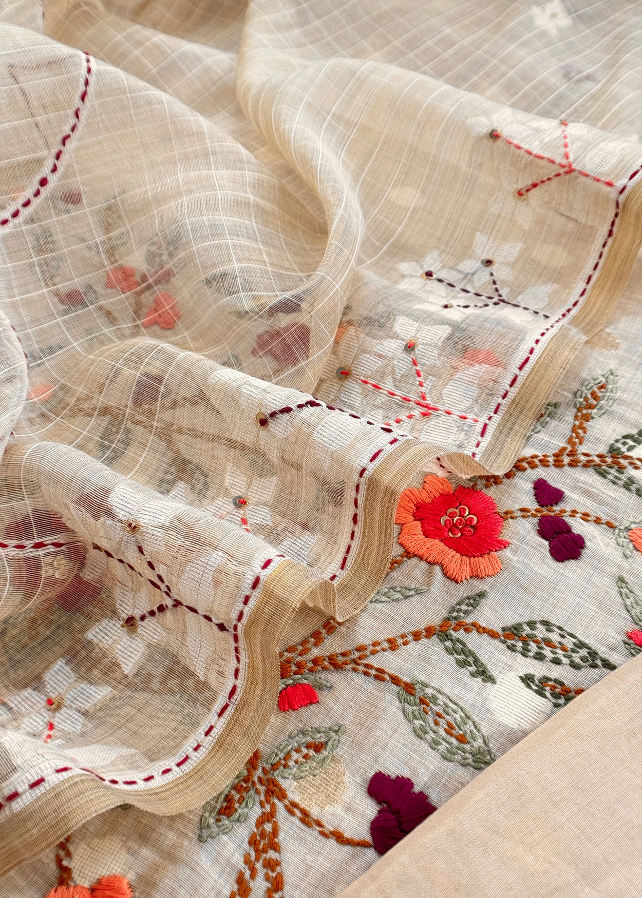 Light Fawn Linen Chanderi Unstitched Suit With French Knot And Kantha Hand Embroidery
