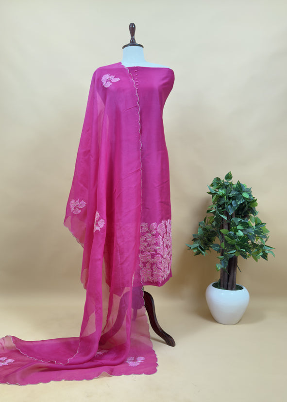 Bright Pink Handwoven Silk kurta And Kora Silk Dupatta With Pitta And Appliqué Work