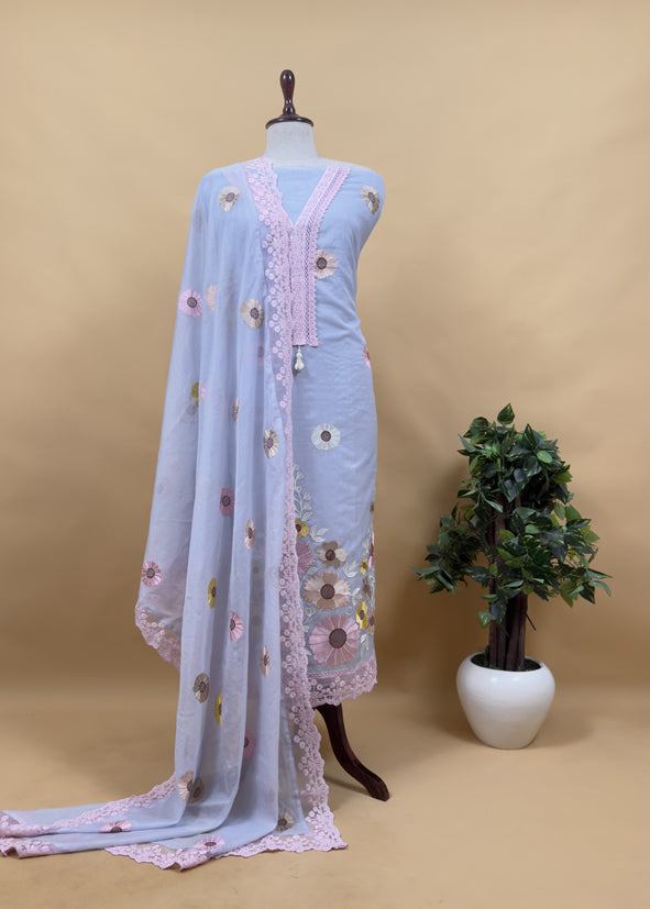 English Blue Pure Mulmul Suit Fabric With Sunflower Appliqué Work And Crochet Laces