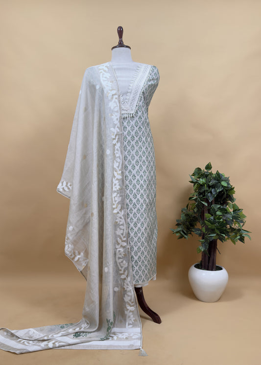 Green Hand Block Print Pure Chanderi Kurta And Jamdani Dupatta With Crochet And Pearls
