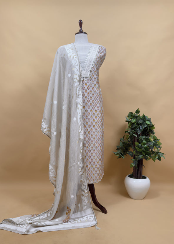 Pink Hand Block Print Pure Chanderi Kurta And Jamdani Dupatta With Crochet And Pearls