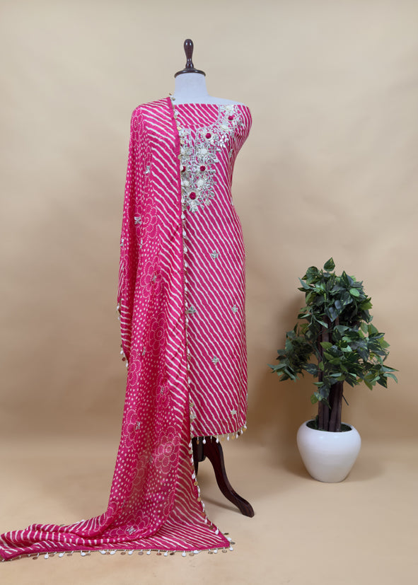 Yellow Festive Leheriya Russian Silk Suit Fabric With Kacha Gottapatti Handwork, Shell And Ginni laces