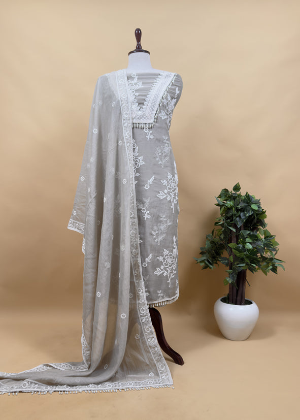 Light Yellow Pure Mulmul Suit Fabric With Resham Embroidery And Pearls