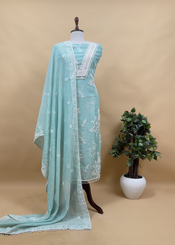 Light Yellow Pure Mulmul Suit Fabric With Resham Embroidery And Pearls