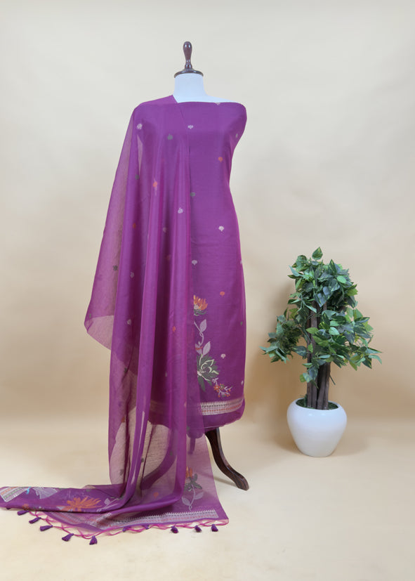 Teal Linen Chanderi Suit Fabric With Phoolo Ki Jamdani Weaving